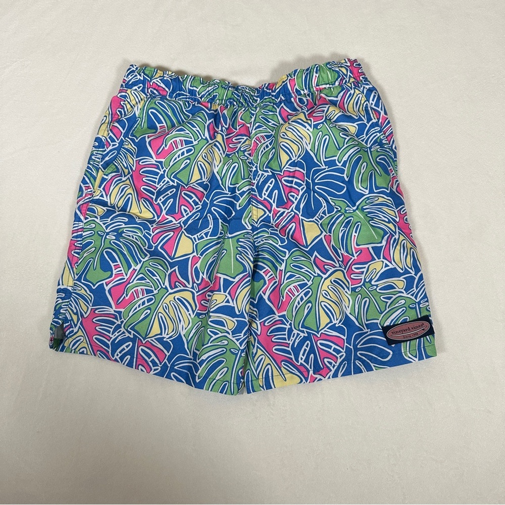 Vineyard Vines Boys Tropical Leaf Print Swim Trunks Blue Green Pink Size M